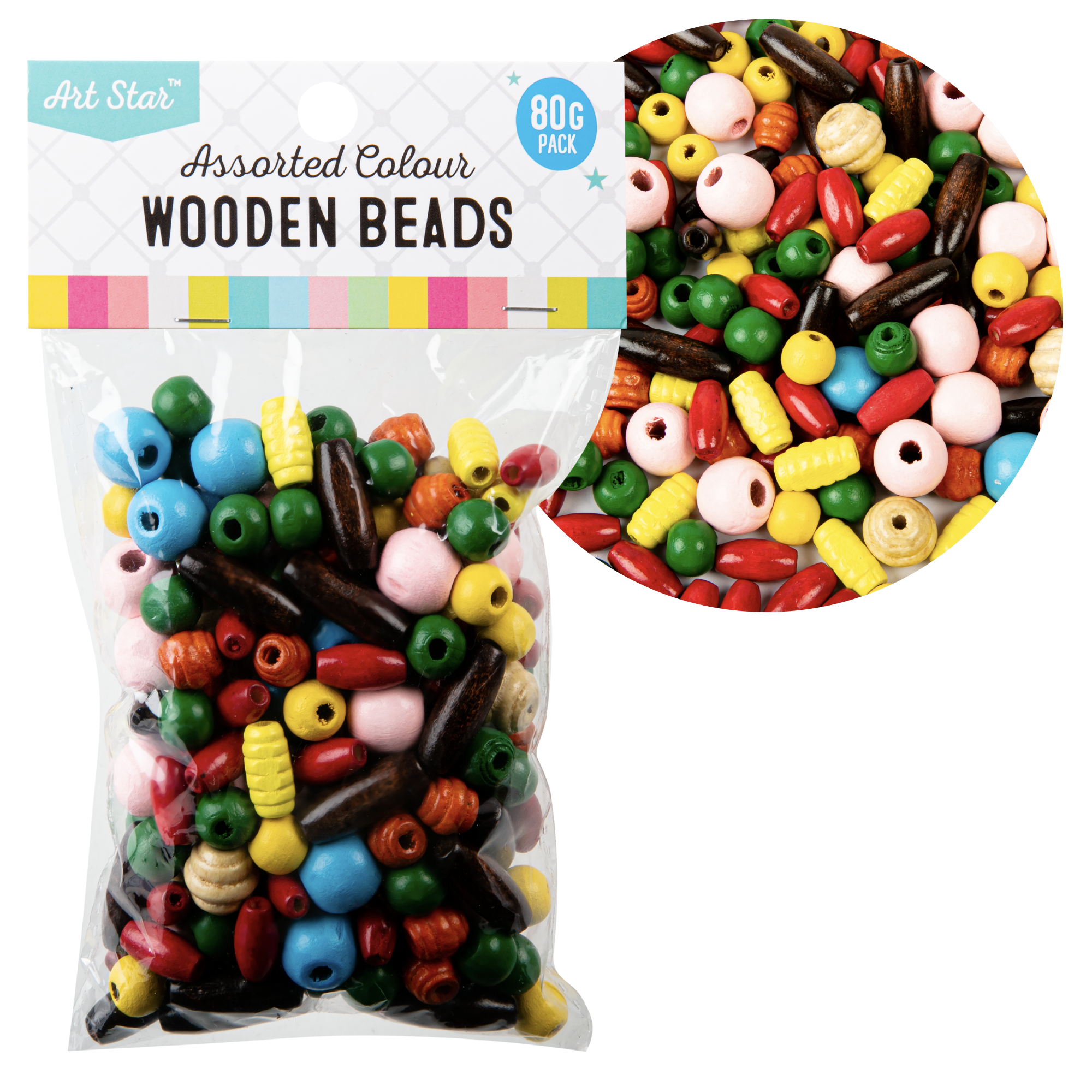 Image of Art Star Assorted Colour and Shape Wooden Beads 80g Pack
