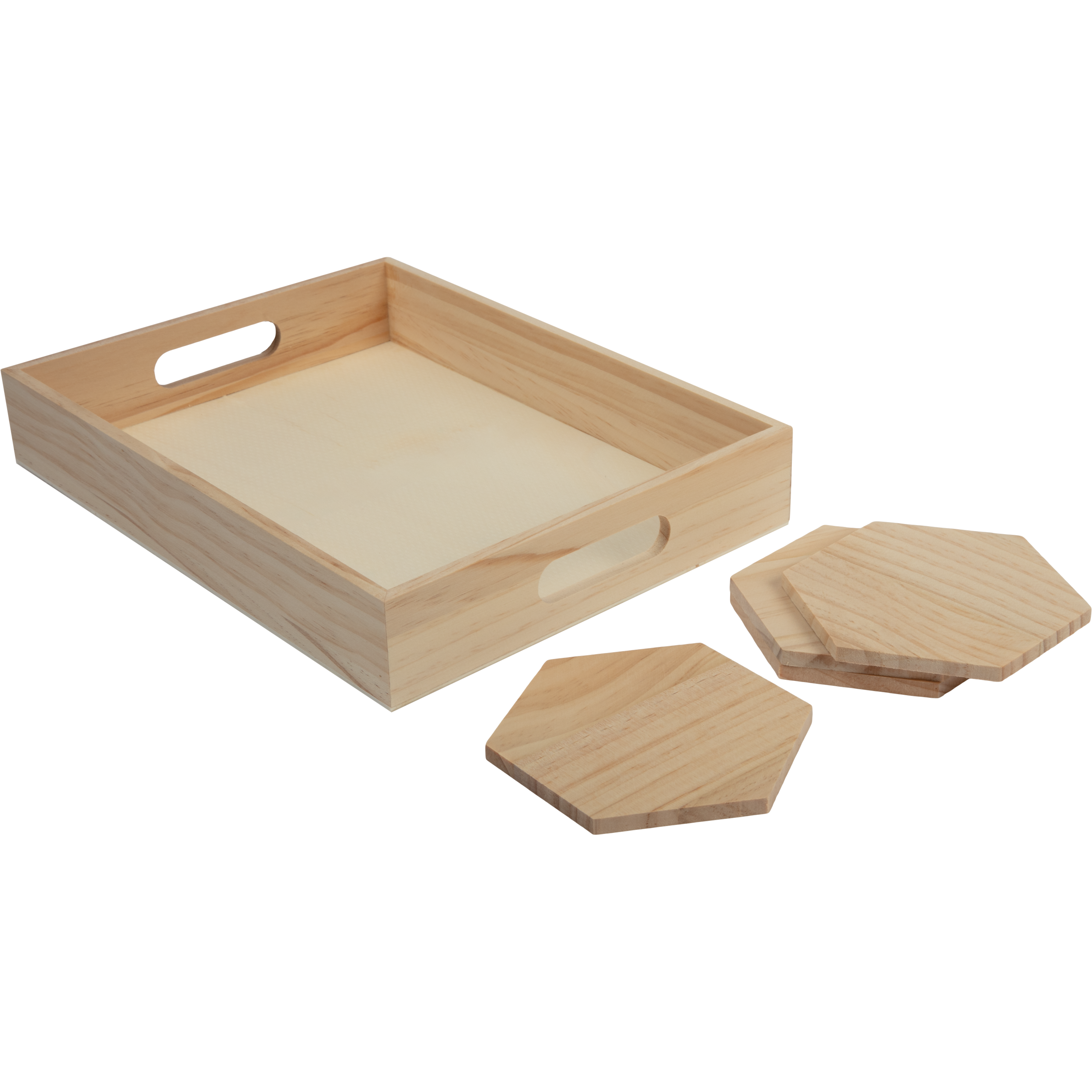 Image of Urban Crafter Pine Rectangular Tray and Hexaganol Coaster Set 5pc 30.5 x 23 x 5cm