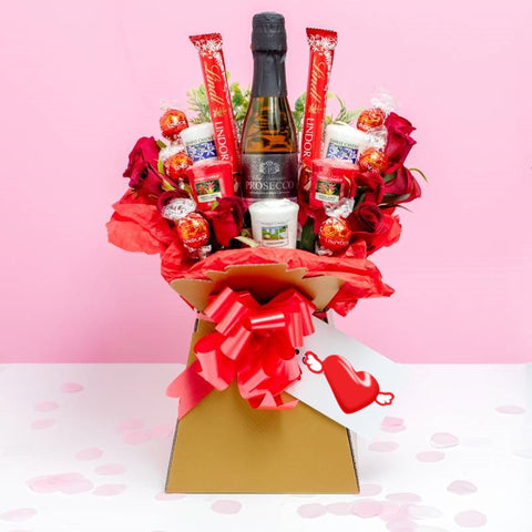 Yankee Candle, Prosecco, Lindor Chocolate, Red Roses Bouquet Gift-the chocolate bouquet company-lindor chocolate bouquet uk-ferrero rocher and lindt bouquet-flowers and lindt chocolate delivery-roses and lindt chocolate