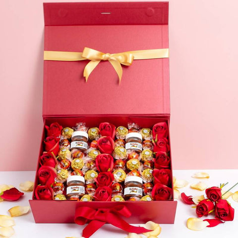 Lindor Lindt & Ferrero Rocher Chocolate & Nutella  and Silk Roses Red Gift Box-the chocolate bouquet company-lindor chocolate bouquet uk-ferrero rocher and lindt bouquet-flowers and lindt chocolate delivery-roses and lindt chocolate-lindor chocolate tesco