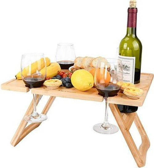 Wooden Outdoor Portable Folding Picnic Table With Glass & Wine Rack-image-1