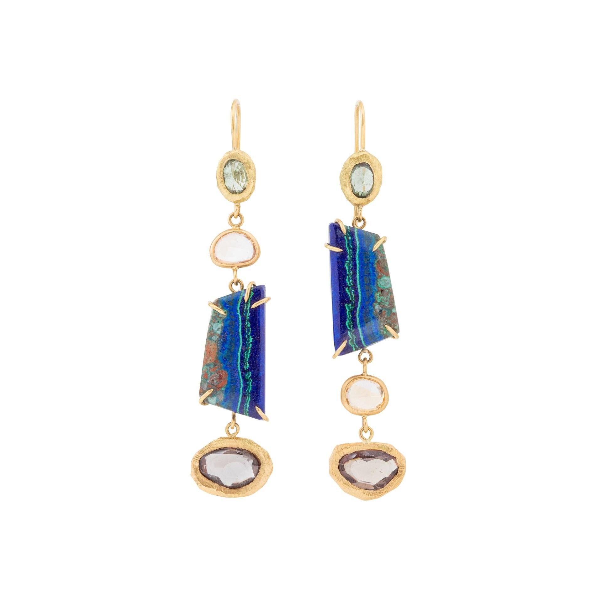 18KT Azurite Malachite and Sapphire Drop Earrings