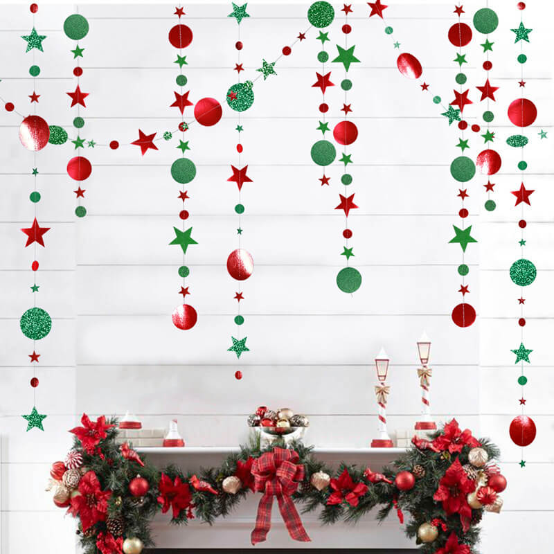 4m Red Green Glitter Circle Star Paper Garland - Online Party Supplies