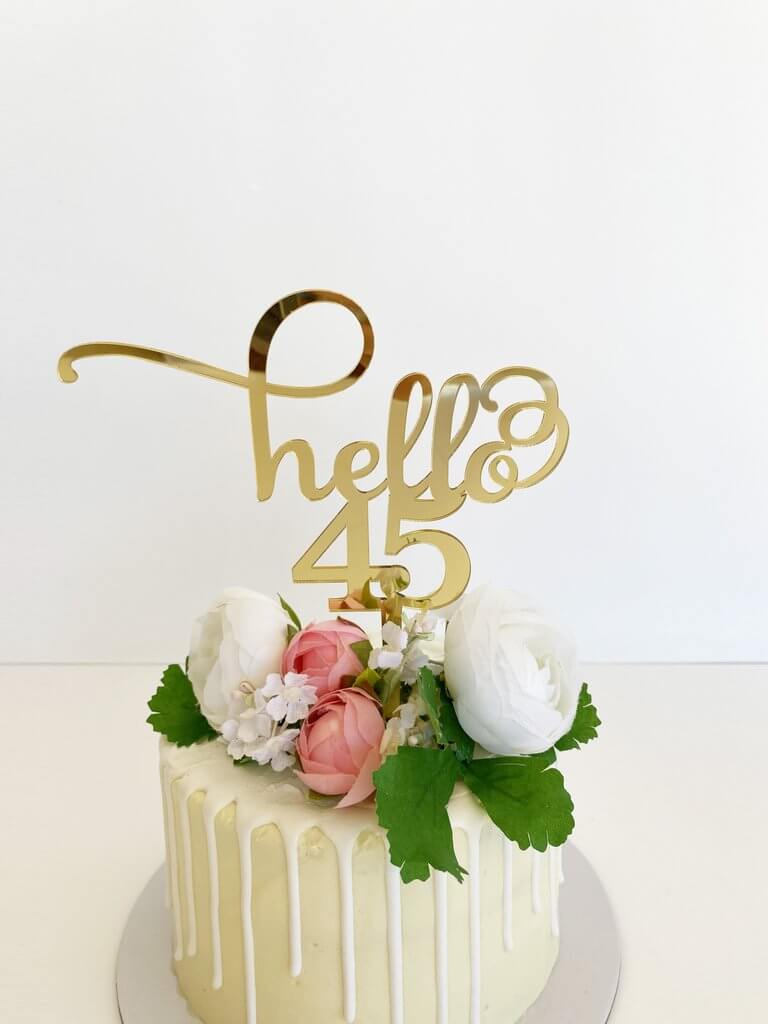 Acrylic Gold Hello 45 Birthday Cake Topper - Online Party Supplies
