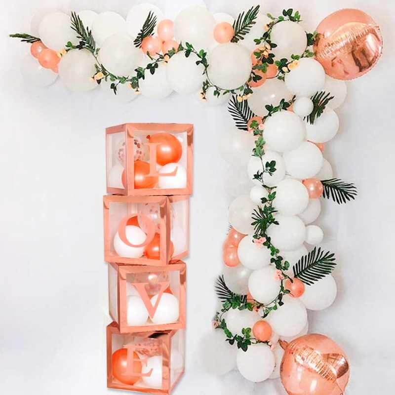 Transparent & Rose Gold LOVE Balloon Cube Boxes - Online Party Supplies