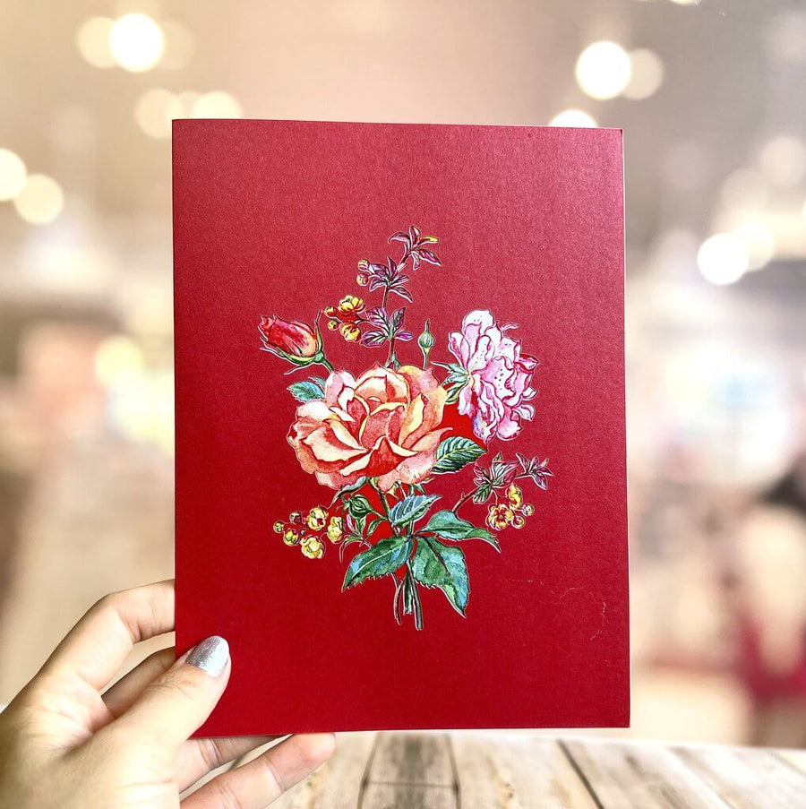 Handmade Red & Pink Romantic Sweetheart Rose Bouquet 3D Valentine's Day Pop Up Greeting Card