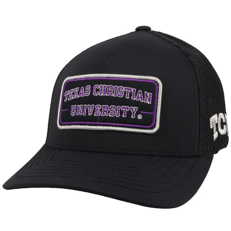 black tcu hat with purple logo sen on front flexfit curved bill hooey baseball cap