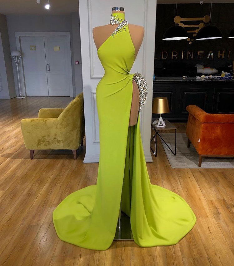 High Neck Lemon Green Slit Side Prom Dresses Long Evening Gown