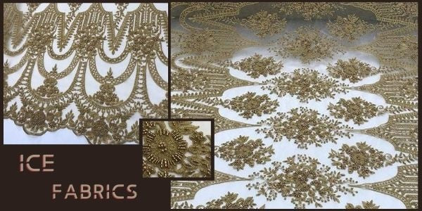 Dark Gold Or Taupe Design Beaded Lace Fabric By The Yard