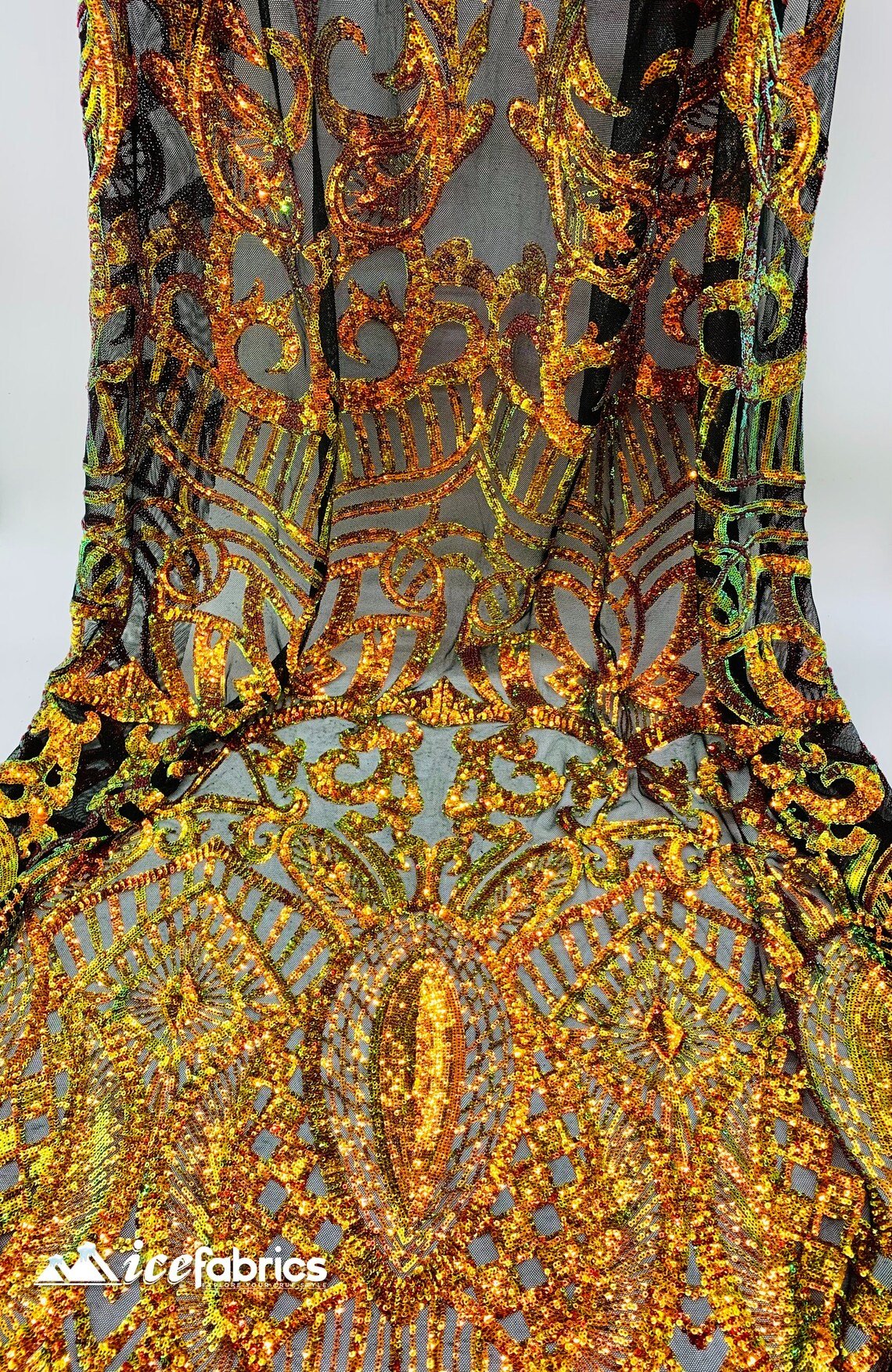 Geometric Orange Black 4 Way Stretch Sequins Fabric _ Orange Black Mesh Fabric