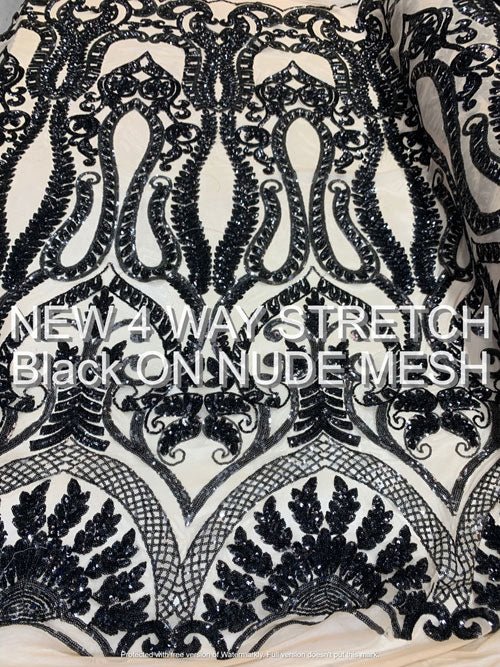 Lucy Damask Sequin Fabric on Spandex Mesh