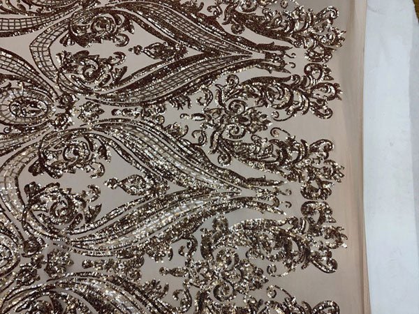 Lucy Damask Sequin Fabric on Spandex Mesh