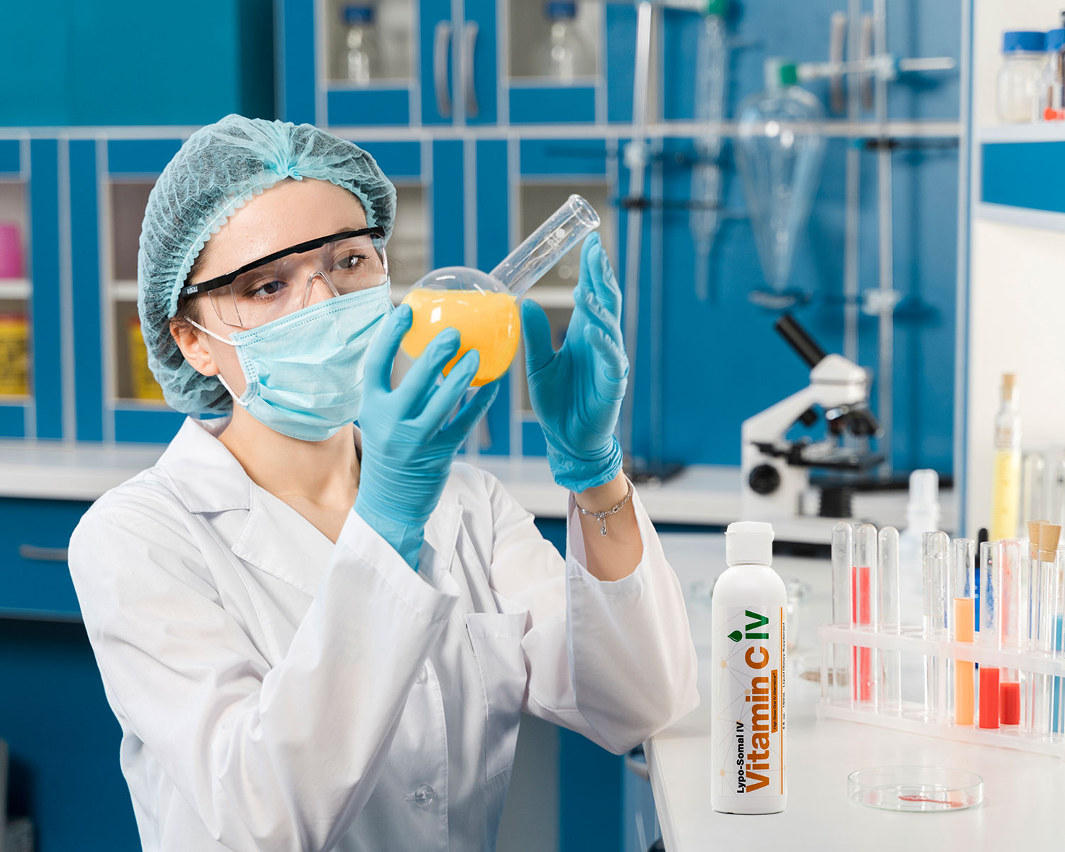 doctor using microscope with lypo-somal in foreground
