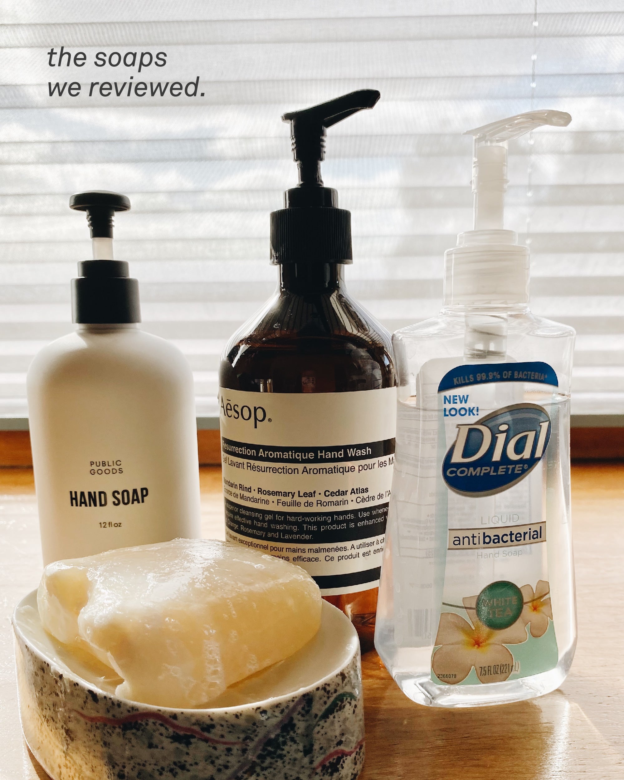 Public Goods, Aesop, Dial, and Lush hand soaps we reviewed