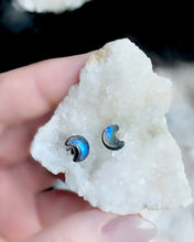 Load image into Gallery viewer, Rainbow moonstone studs, crescent moon earrings, Rainbow moonstone earrings