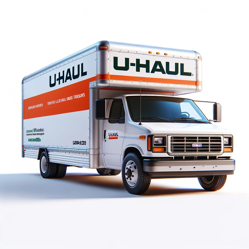 DALL·E 2023-11-17 03.15.38 - A U-Haul moving truck parked, viewed from a side angle, with a clean and completely white background. The truck is depicted in realistic detail, showc.png__PID:54b2a5f7-fd6e-445f-8205-25340c41bce3