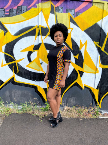 Sporty Denim and African Kente Cloth Jumper Dress with Button Down