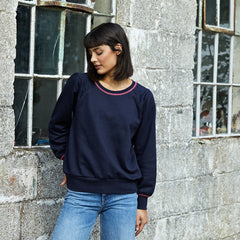 Beau navy cotton sweatshirt with neon pink stitch detail at the collar and cuffs