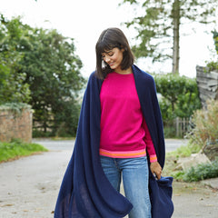 Lola oversized cashmere wrap navy worn with hot pink philly cashmere crew