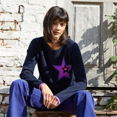 Sia cashmere jumper navy with neon purple star motif