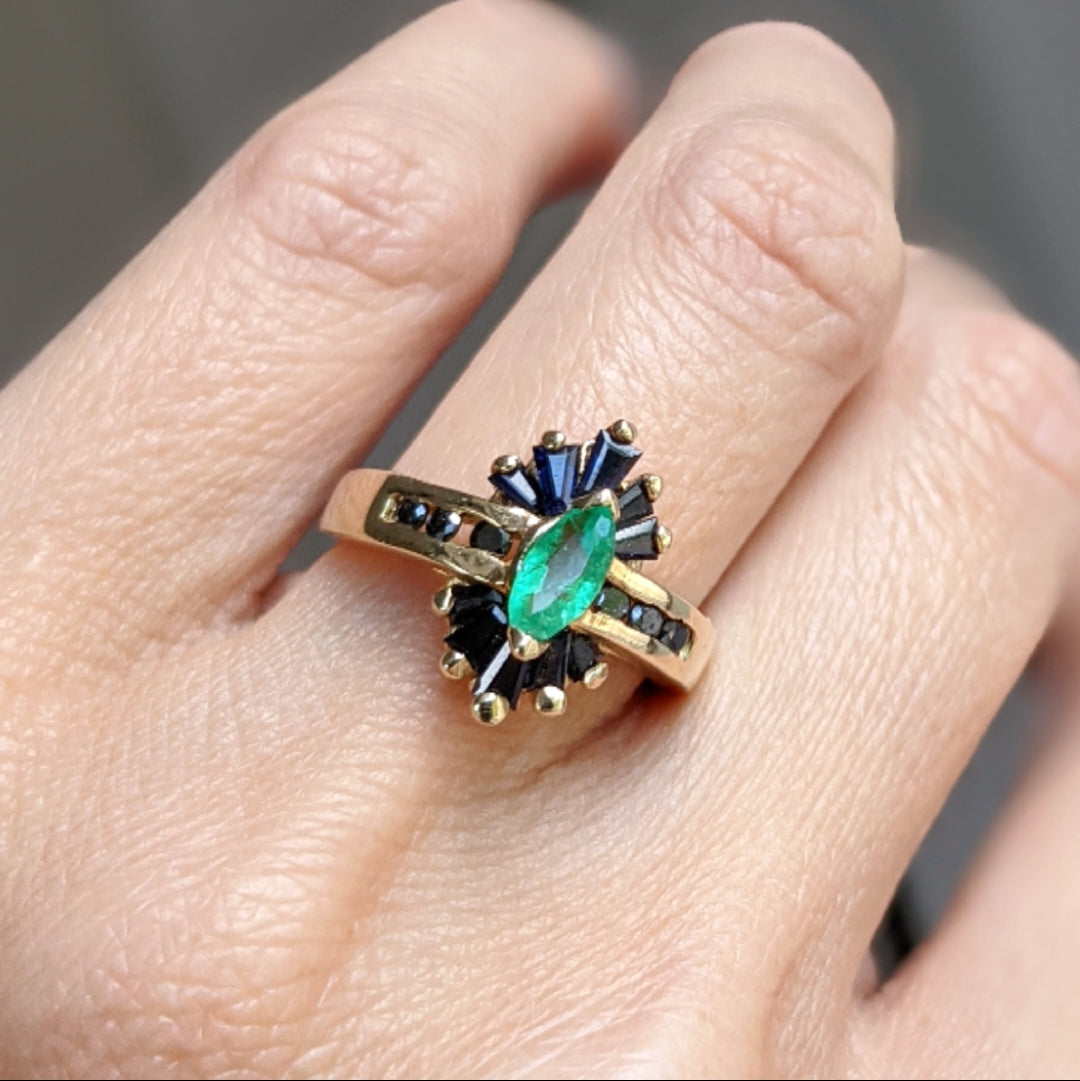 Antique 14K Marquise Cut Emerald and Sapphire Ring