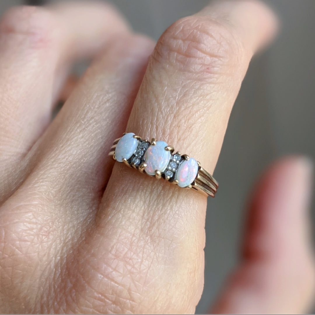 Antique 10K Oval Cut Opal and Diamond Ring