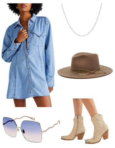 free people denim dress cowgirl boots western style chloe sunglasses felt hat silver necklace