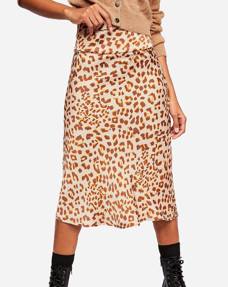 normani leopard print bias cut midi skirt