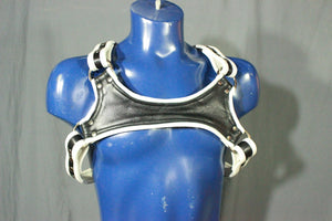 Black and white leather harness with keystone highlight.