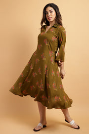 Olive Green Rayon Flared Dress
