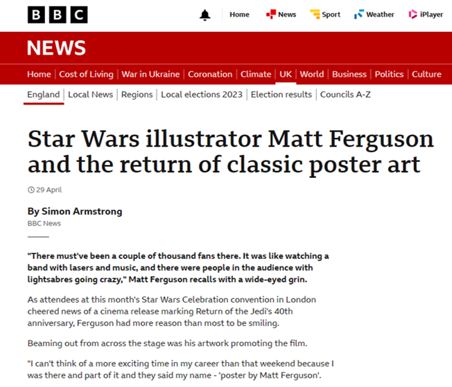 A BBC news article on the 40th Anniversary movie poster for Return of the Jedi by Matt Ferguson