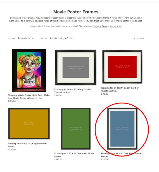 The ART OF THE MOVIES collection of frame sizes