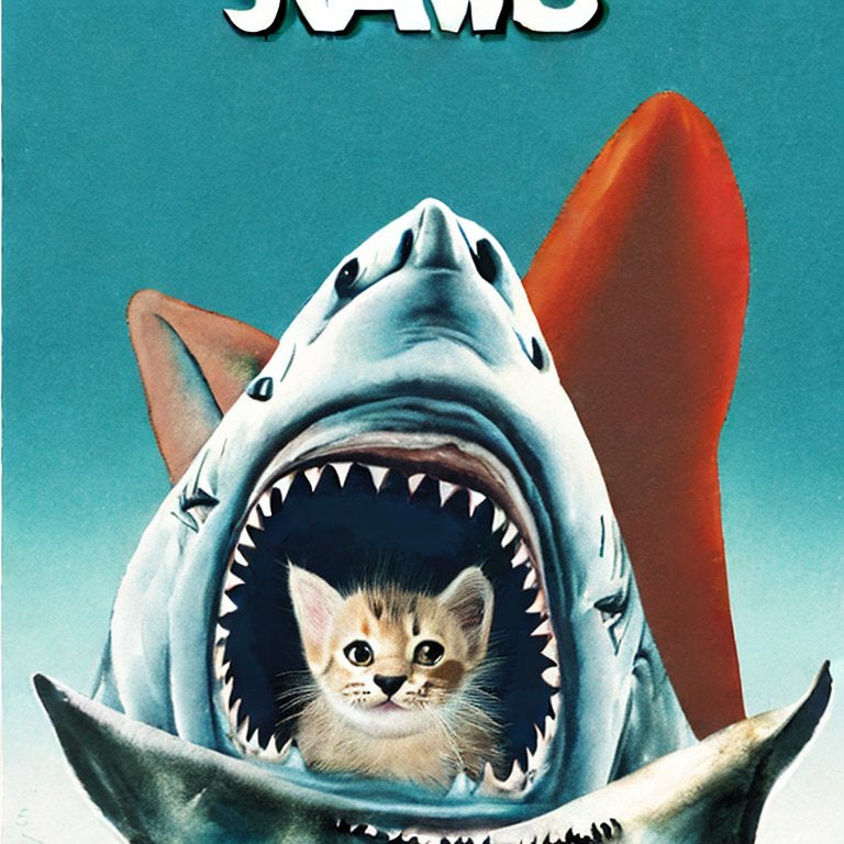 An A.I. generated image of the film Jaws, but with the shark replaced by a cat