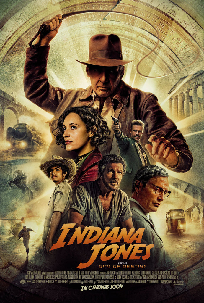 An original movie poster for the film Indiana Jones and the Dial of Destiny