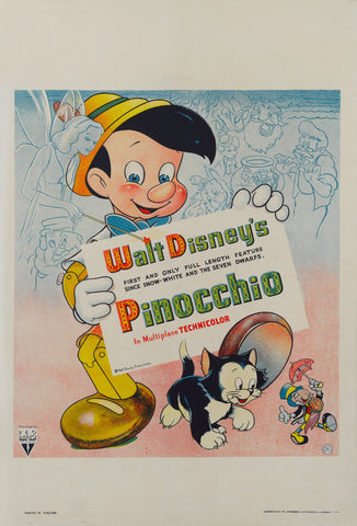 An original movie poster from 1940 for Disney's Pinnochio