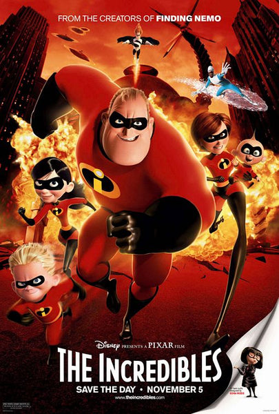 An original movie poster for the Pixar film The Incredibles