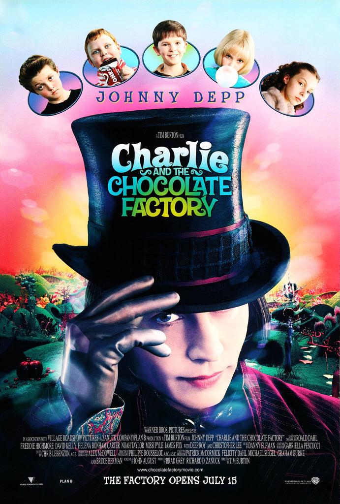 An original movie poster for the Tim Burton film Charlie and the Chocolate Factory