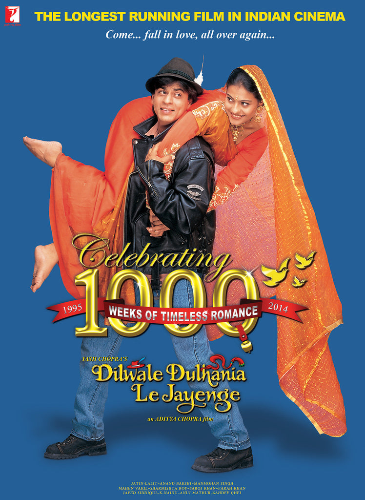 An original movie poster for the film Dilwale Dulhania Le Jayenge