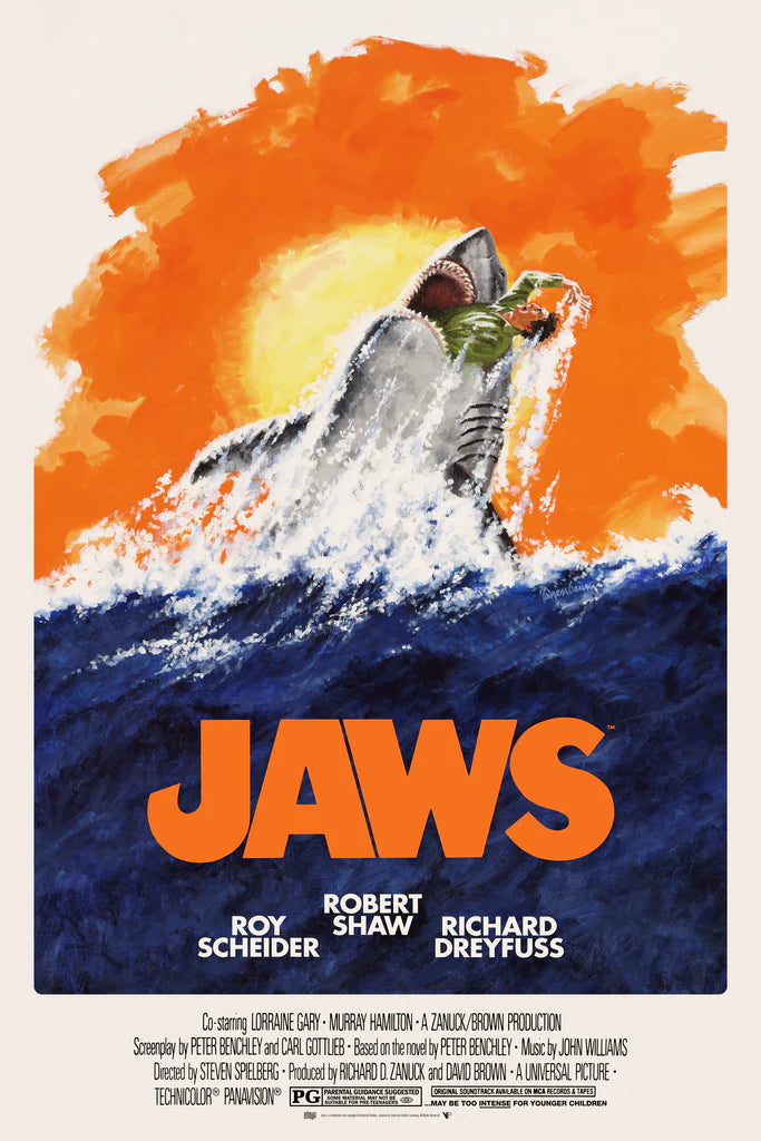 An original movie poster for Jaws with art by Robert Tanenbaum