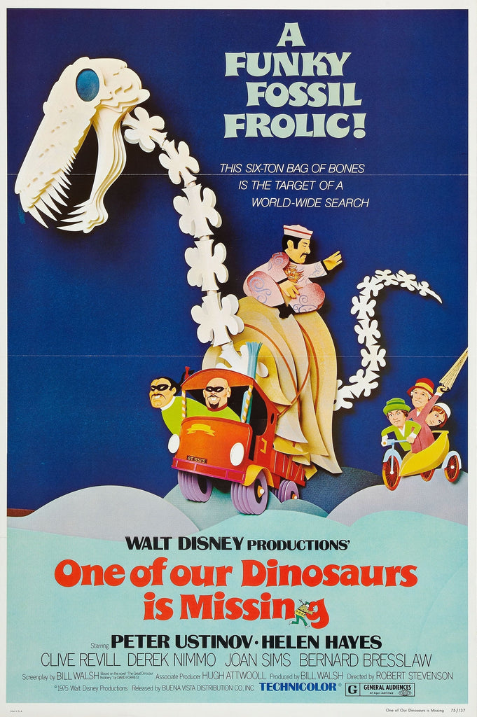 An original movie poster for the Disney film One of Our Dinosaurs Is Missing