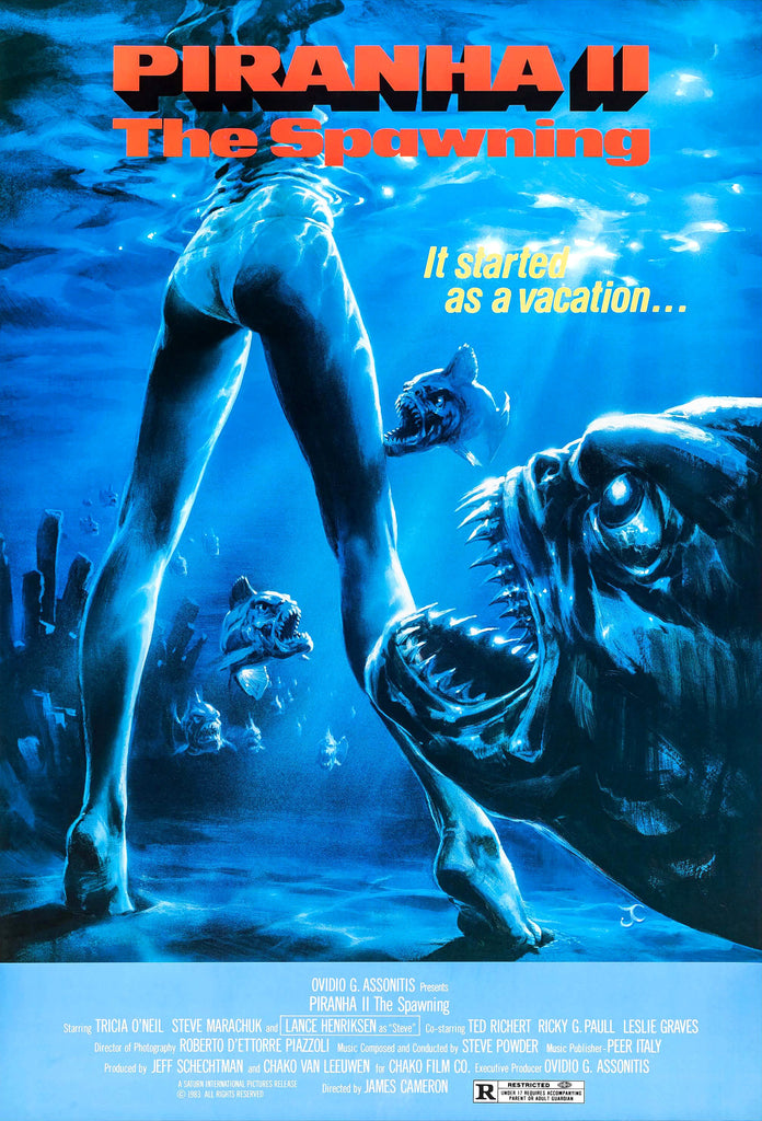 An original movie poster for the film Piranha II