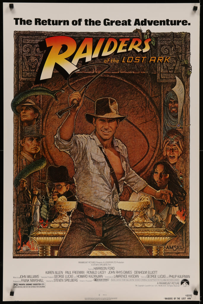 Richard Amsel's 1982 movie poster for the Spielberg / Luas film Raiders of the Lost Ark