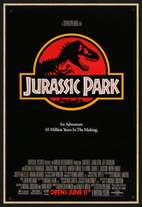 An original one sheet movie poster for the 1993 film Jurassic Park