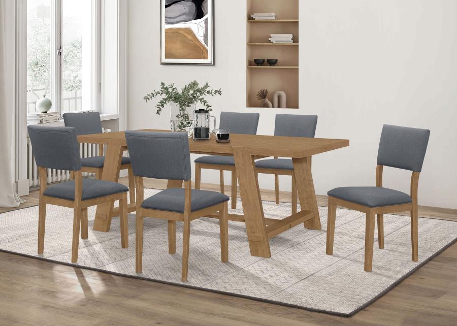 Modern dining table set for 6 pedestal base beige wood