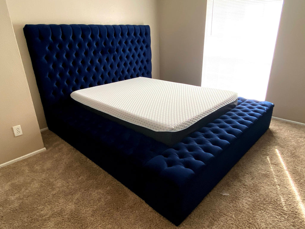 blue velvet storage platform bed queen king size