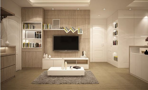 modern look furniture in a living room setting white and cream tv mounted