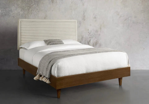 opal wood platform bed in greyscale background