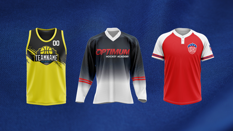 Blue background with 3 different sports jerseys. Yellow basketball jersey gradient black and white hocket jersey and red crewneck jersey