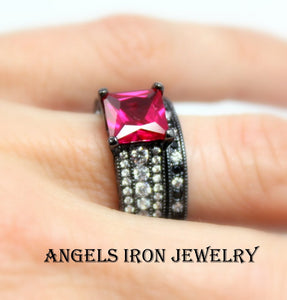 SALE Black Ring Women Engagement Wedding Anniversary Promise Rings Set Hot Pink Ruby CZ Steampunk Gothic Jewelry Unique Gift
