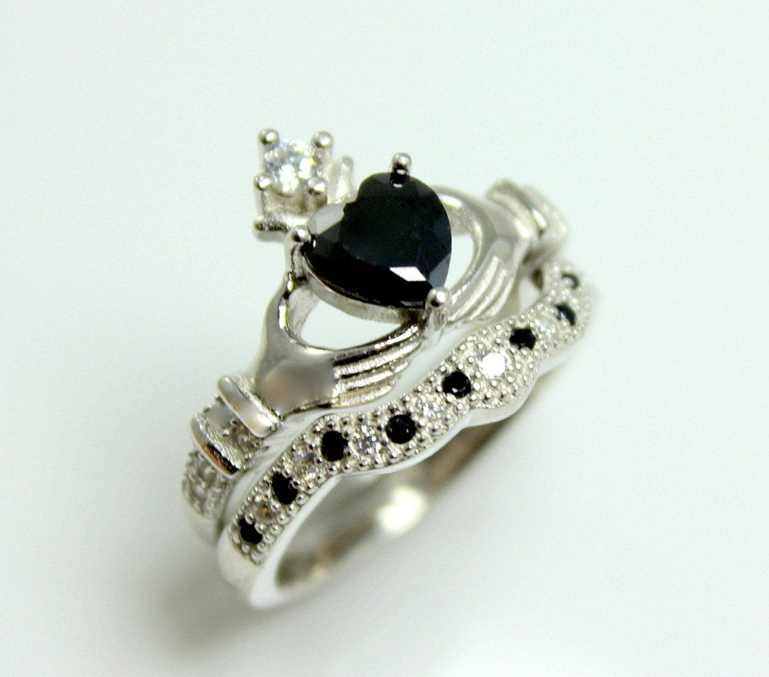 Claddagh Ring Sterling Silver Women Black Diamond CZ Heart